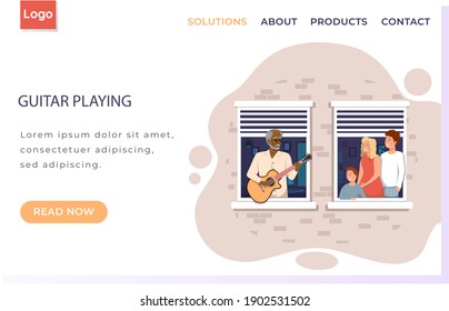 Fashionable elderly man sings to family. People on balcony are listen to guitar playing. Musicians play strings on instrument. View from threshold to windows of house. Person sings song to audience