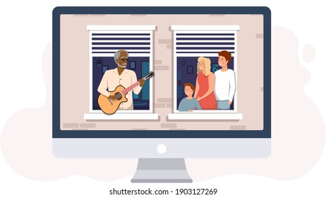 Fashionable elderly man sings to family. Guitarist performing his song on computer monitor. People are listen to guitar playing. Musicians play strings on instrument. Person sings song to audience