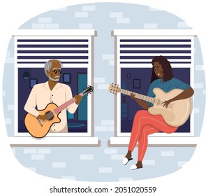 Fashionable Elderly Man Sings With Woman In Duet. People On Balcony Are Playing Guitar Together. Guitarists At Home Enjoying Time With Musical Instrument. Musicians Play Strings On Instrument