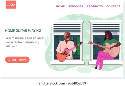 Fashionable elderly man sings with woman in duet. People on balcony are playing guitar together. Guitarists at home are enjoying time with musical instrument. Website about home guitar playing