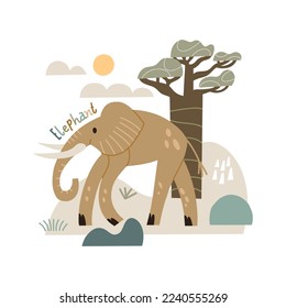 Fashionable elephant print. Vector safari composition in hand drawn style. Vector isolated composition on a white background.