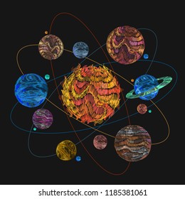 Fashionable embroidery universe solar system and planets in space, template clothes, t-shirt design, print 