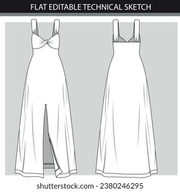 Fashionable evening dress template. Elegant evening dress front, back, white color. Vector illustration, flat sketch.