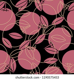 Fashionable, exquisite, luxurious seamless pattern. Golden fruits contour and purple fruits on black background.