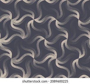 Fashionable Extravagant Seamless Pattern Vector Whirl Three Pointed Star Retro Abstract Background. Geometrical Curved Lines Ripple Structure Dotted Texture. Repeated Modern Ornament Art Illustration