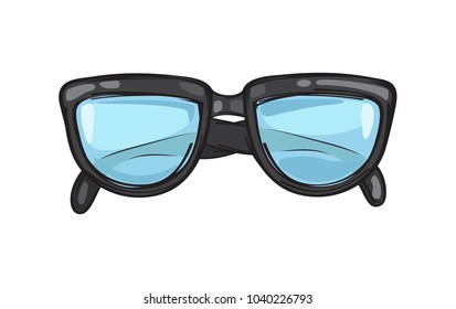 Fashionable eyeglasses with black frame isolated on background. Hipsters spectacles for sight correction and modern elegant look. Vector illustration of simple and trendy glasses.