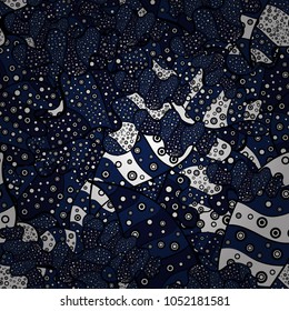 Fashionable fabric pattern. Design wrapping and gift paper, greeting cards, banner and posters design. Doodles black, blue and gray on colors. Vector. Print.