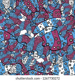Fashionable fabric pattern. Doodles black, pink and blue on colors. Print. Vector. Design wrapping and gift paper, greeting cards, banner and posters design.