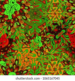 Fashionable fabric pattern. Doodles green, black, red, orange and yellow on colors. Vector. Seamless pattern Print.