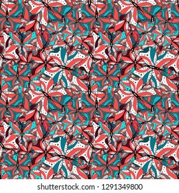Fashionable fabric pattern. Doodles pink, blue and white on colors. Seamless pattern Print. Vector.