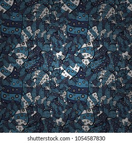 Fashionable fabric pattern. Seamless pattern Print. Doodles blue, black and white on colors. Vector.