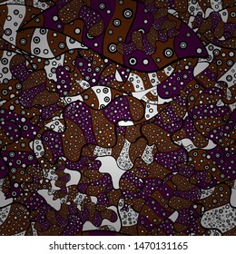 Fashionable fabric pattern. Seamless pattern Print. Doodles black, purple and brown on colors. Vector.