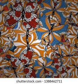 Fashionable fabric pattern. Vector. Seamless pattern Print. Doodles black, orange and white on colors.