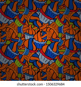 Fashionable fabric pattern. Vector. Seamless pattern Print. Doodles black, orange and blue on colors.
