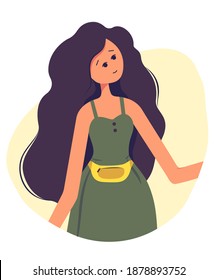 Fashionable female character with a fanny pack. Outfit with a belt bag. Attractive cute girl with blue hair and in a summer dress with a fashionable accessory on the belt. Vector flat illustration