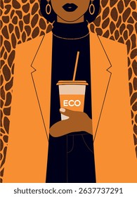 Fashionable female figure holds eco-friendly drink cup, dressed in chic outfit, against vibrant orange backdrop with abstract designs, emphasizing sustainability and modern living