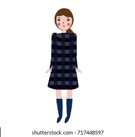 Fashionable female in plaid dress. Girl in trendy clothes, artistic hand drawn style vector illustration