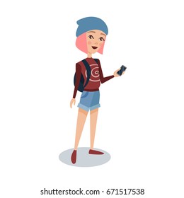 Fashionable female student with pink hair standing and holding a mobile phone cartoon character vector Illustration
