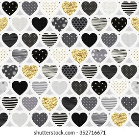 Fashionable festive pattern of different hearts, seamless vector illustration.