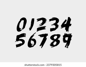 Fashionable figures in Japanese style, hand-drawn with a brush. Lettering. Black vector numbers on a white background.