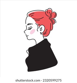 Fashionable flat hand drawn vector illustration of a girl with red hair in profile.