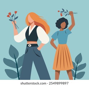 Ilustração plana na moda mulheres fortes estão juntas com flores. Conceito de feminismo proteção da igualdade de gênero dos direitos e liberdades das mulheres. Cartão-postal vetorial em estilo plano