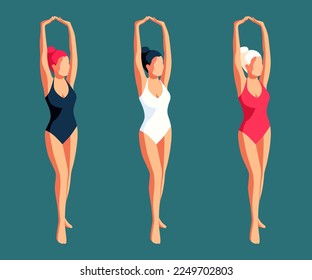 Fashionable flat illustration young woman in swimsuit, brunette, redhead, blonde, vector set in different colors, isolated