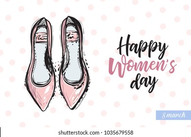 Fashionable flat shoes with motivational text: happy women's day. Fashion accessory illustration in trendy soft colors for beauty salon, shop, blog print. Isolated symbol on white background.