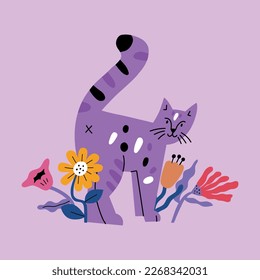 Fashionable, floral print with a cat. Vector bright illustration in a flat style.