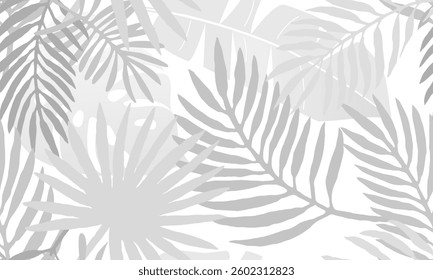 Fashionable floral tropical seamless pattern. Shades of gray texture of palm leaves on white background. silhouette of palm leaf. Tropical print design for wallpaper, textile, curtains