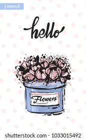 Fashionable flower box with motivational text: hello. Fashion accessory illustration in trendy soft colors for beauty salon, shop, blog print. Isolated symbol on white background.