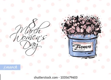Fashionable flower box with motivational text: 8 march women's day. Fashion accessory illustration in trendy soft colors for beauty salon, shop, blog print. Isolated symbol on white background.