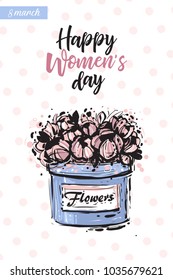 Fashionable flower box with motivational text: happy women's day. Fashion accessory illustration in trendy soft colors for beauty salon, shop, blog print. Isolated symbol on white background.