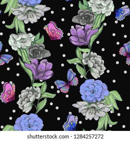 fashionable flower and butterfly sketches on white dots dark background, seamless pattern, vector illustration