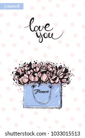 Fashionable flowers bag with motivational text: love you. Fashion accessory illustration in trendy soft colors for beauty salon, shop, blog print. Isolated symbol on white background.