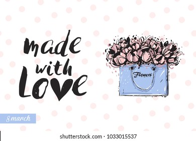 Fashionable flowers bag with motivational text: made with love. Fashion accessory illustration in trendy soft colors for beauty salon, shop, blog print. Isolated symbol on white background.