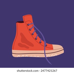 Fashionable footwear concept. Red casual sportive shoes. Fashion, trend and style. Trendy clothes and apparel. Social networks sticker. Cartoon flat vector illustration isolated on blue background