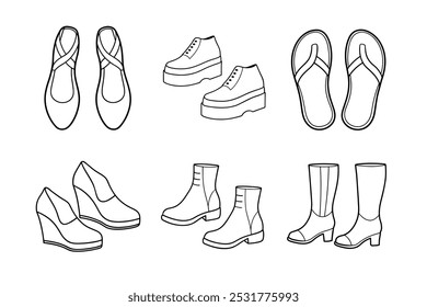 Fashionable Footwear Vector Line Art Bundle with Trendy Shoe Styles