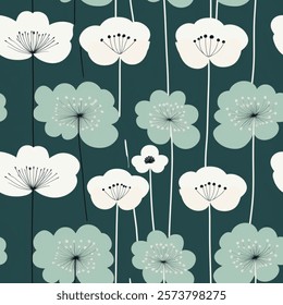 Fashionable Forest Mint Green French Grey White Abstract Wild Flower Elegant Leaf Watercolor Scandinavian Design Seamless Pattern Wallpaper Curtain Bedding Upholstery Pastel Fabric Background Vector