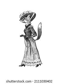 Fashionable fox in clothes. Antique lady. Victorian dame. Ancient Retro Clothing. Woman in dress. Vintage engraving style. Hand drawn old monochrome sketch. Vector illustration.