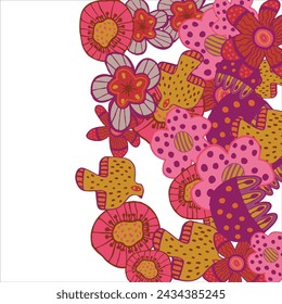 Modischer Rahmen von Blumen. Frühlingshintergrund-Design, bunte helle Blumen, dekorativer schöner Garten. Platz für Text. Design für Postkarte, Einladung, Web. Vektorgrafik