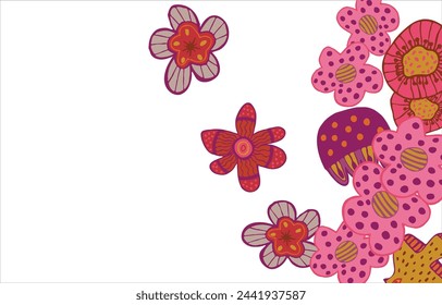 Marco de moda de las flores. Diseño de fondo de primavera, flores brillantes de colores, hermoso jardín decorativo. Lugar para el texto. Diseño para postal, invitación, web. Ilustración de vector