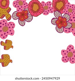 Fashionable frame of flowers. Spring background design, colorful bright flowers, decorative beautiful garden. Place for text. Design for postcard, invitation, web. Vector illustration