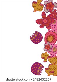 Fashionable frame of flowers. Spring background design, colorful bright flowers, decorative beautiful garden. Place for text. Design for postcard, invitation, web. Vector illustration
