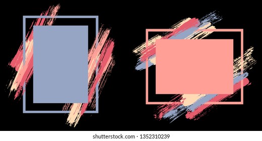 Fashionable frames with paint brush strokes vector set. Box borders with painted brushstrokes on black. Educational graphics design flat frame templates for banners, flyers, posters, cards.