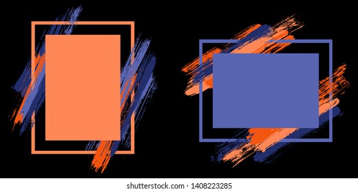 Fashionable frames with paint brush strokes vector set. Box borders with painted brushstrokes on black. Advertising graphics design empty frame templates for banners, flyers, posters, cards.