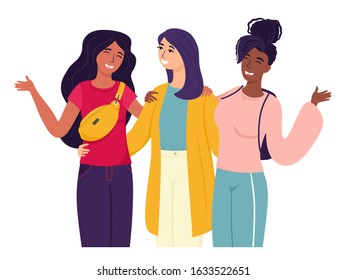 Fashionable friends of different races communicate together.  Vector characters in cartoon flat style.  Best friends. 
