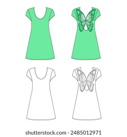 Fashionable front, back butterfly decorated view template dress or nightgown, colored vector illustration isolated on white background