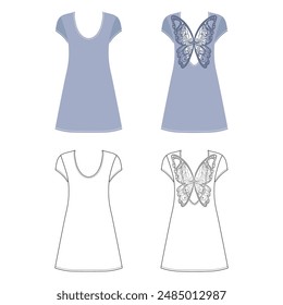 Fashionable front, back butterfly decorated view template dress or nightgown, colored vector illustration isolated on white background