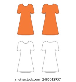 Fashionable front, back casual view template dress or nightgown, colored vector illustration isolated on white background